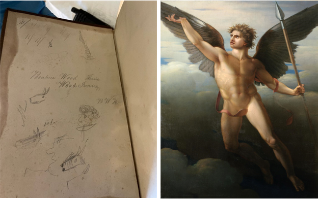 Left image of a book with notes and drawings in it, right image of Hugh Irvine's Archangel Gabriel